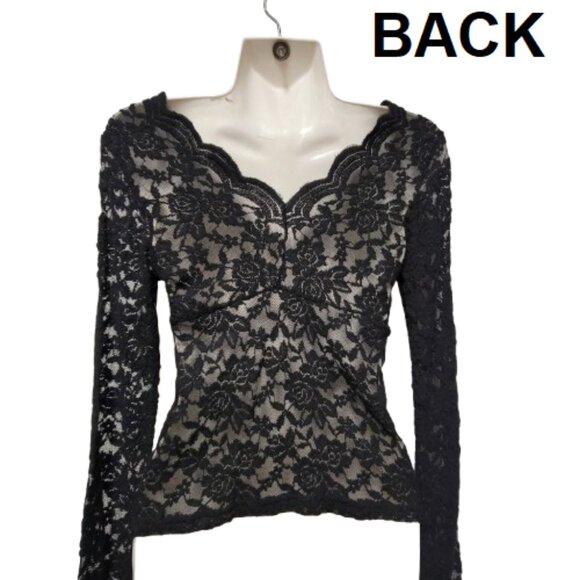 Black Lace Mesh See Through Top Long Sleeve Lace Blouse Size S/M - Picture 3 of 13